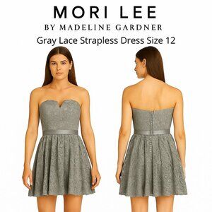 Mori Lee Gray Lace Strapless Cocktail Dress Sz 12